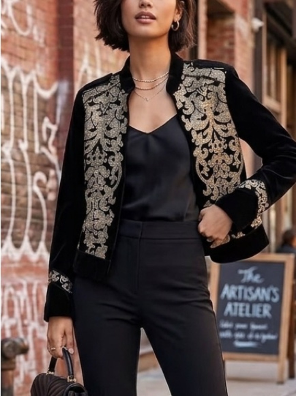 White House Black Market Velvet Jacket Women's 12 Embroidered Gold Metallic